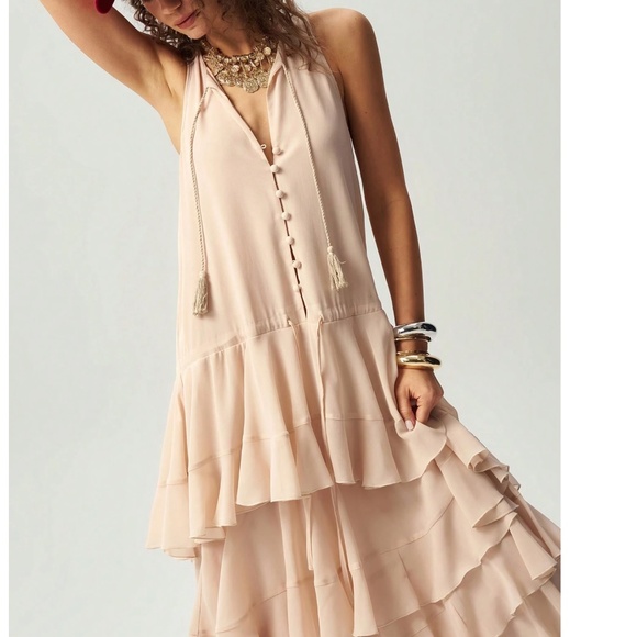 Solid Half Button Neck tie Sleeveless Layered Tiered Ruffle Maxi Dress - Picture 2 of 6